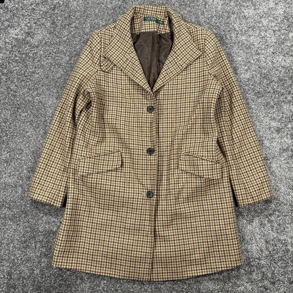 Lauren Ralph Lauren Coat Womens 12 Brown Wool Tweed Houndstooth Overcoat